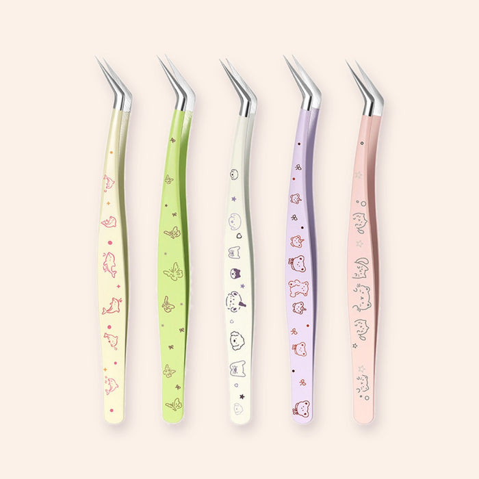 Angled sticker tweezers in five colours: yellow, green, cream, purple and pink