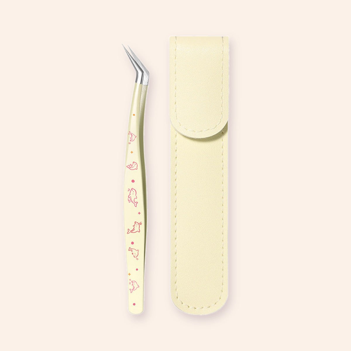 Yellow angled tweezers with dolphin print and matching case