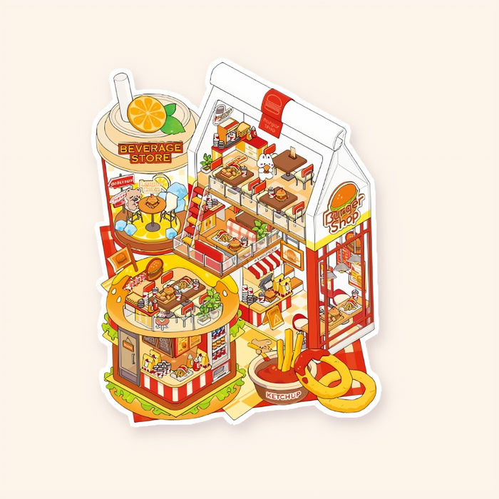 Burger Shop finished: a diner inside a burger, takeaway bag and milkshake