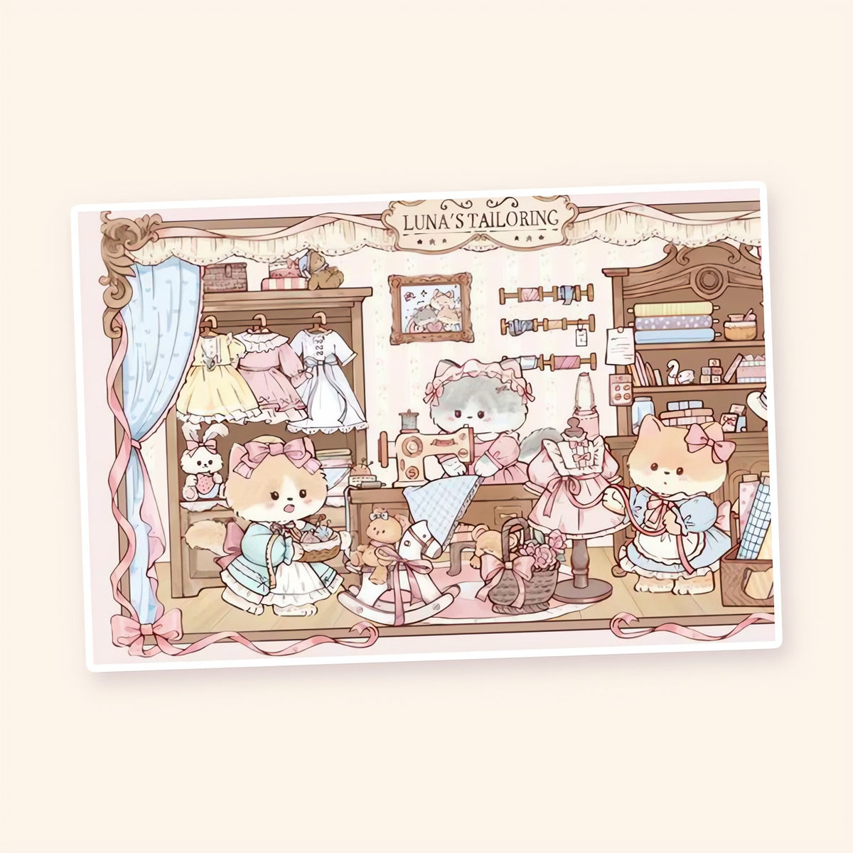Luna's Tailoring finished scene: cats sewing dresses in a vintage tailoring shop