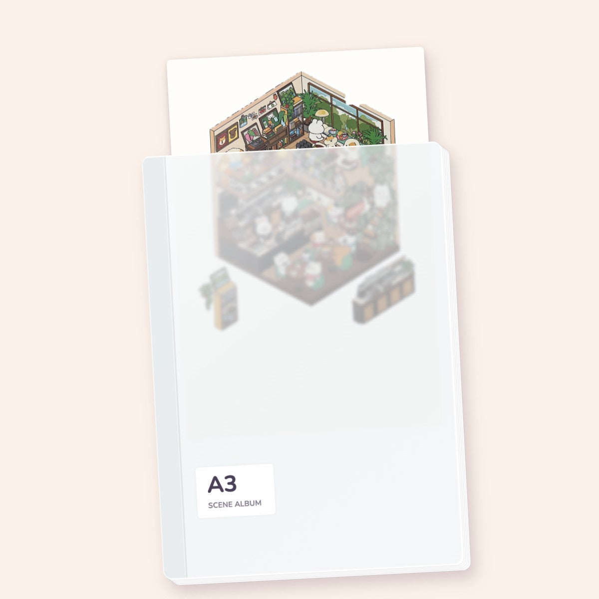 Clear frosted A3 scene sticker album with a sticker sheet in the top pocket
