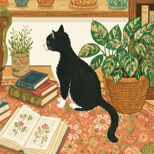 Luna, a black and white cat sticker, sitting on a flowered rug