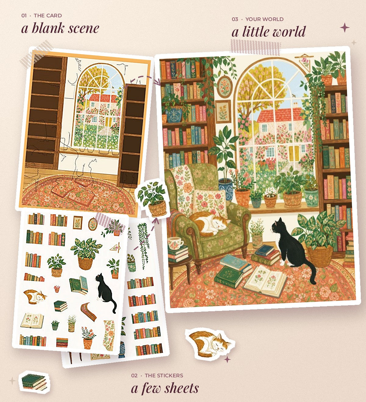 From a blank scene card and a few sticker sheets to a finished little world: the Sunlit Library Nap scene