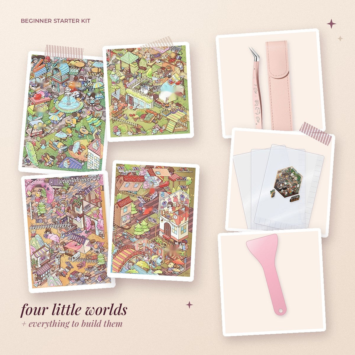 Beginner Starter Kit contents: four Market Lane Mini scenes, angled tweezers, clear positioning sheets and a pastel scraper
