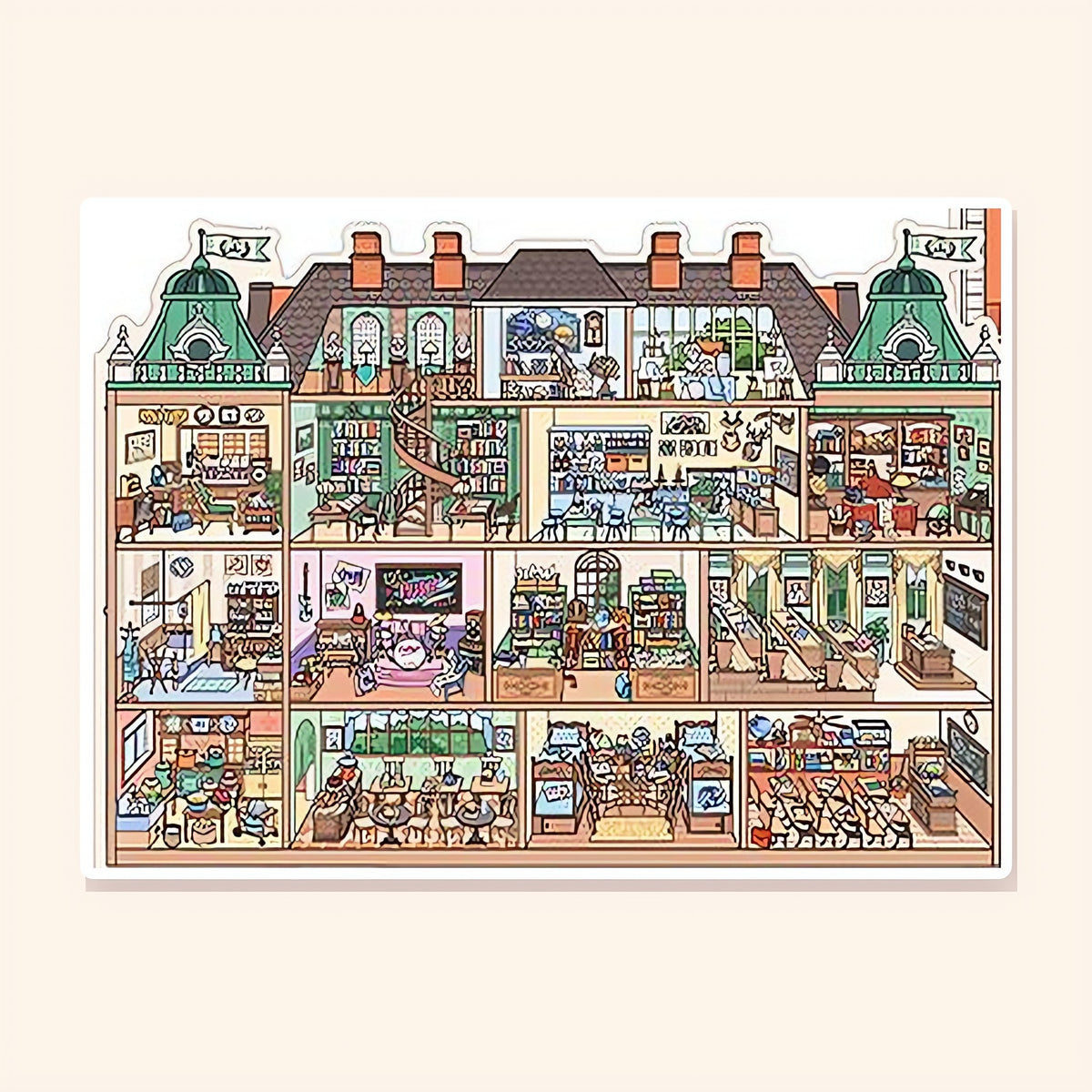 Academy of Arts finished: a cutaway red-brick academy with classrooms, library and studios on three floors