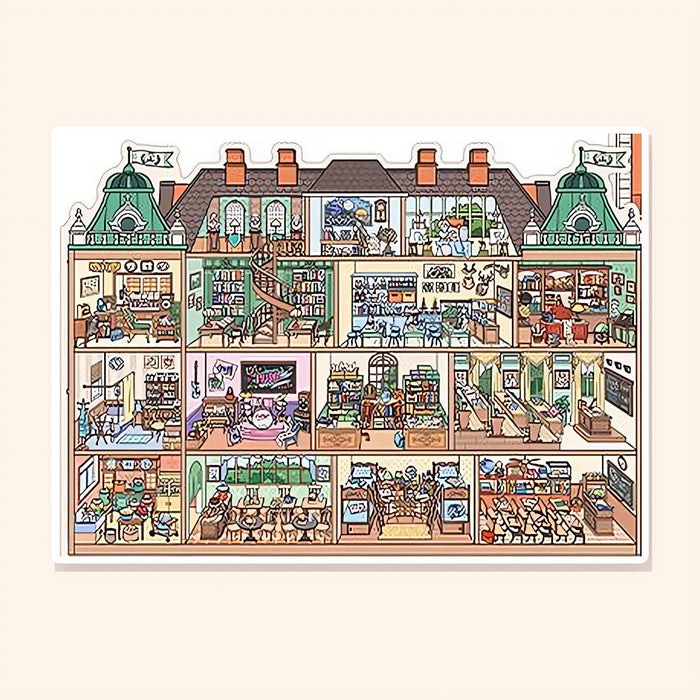 Academy of Arts finished: a cutaway red-brick academy with classrooms, library and studios on three floors