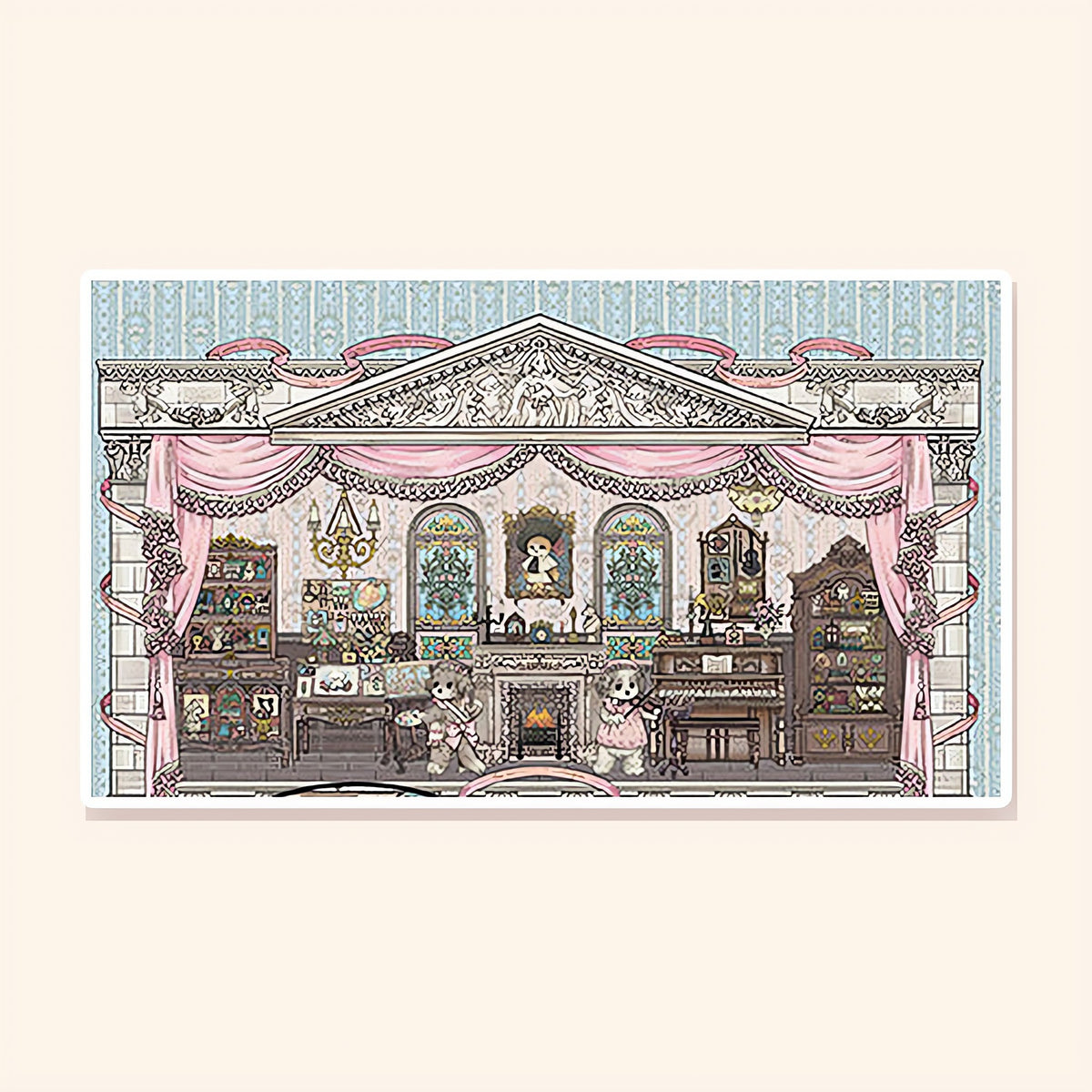 Puppy Painter's Salon finished: a pink and grey parlor with a fireplace, a piano and puppy artists