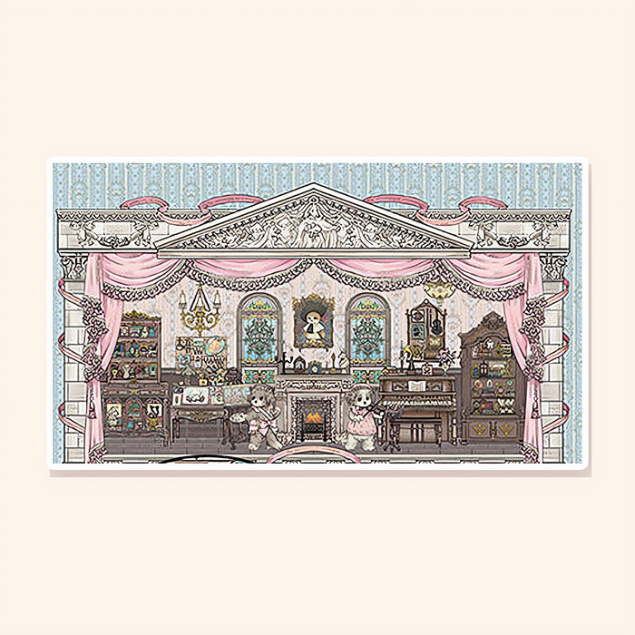 Puppy Painter's Salon finished: a pink and grey parlor with a fireplace, a piano and puppy artists
