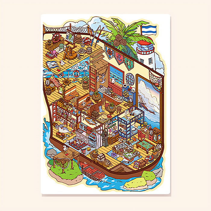 Seafarer's Ship finished: a cutaway ship with a captain's cabin, bunks and decks beside a lighthouse island