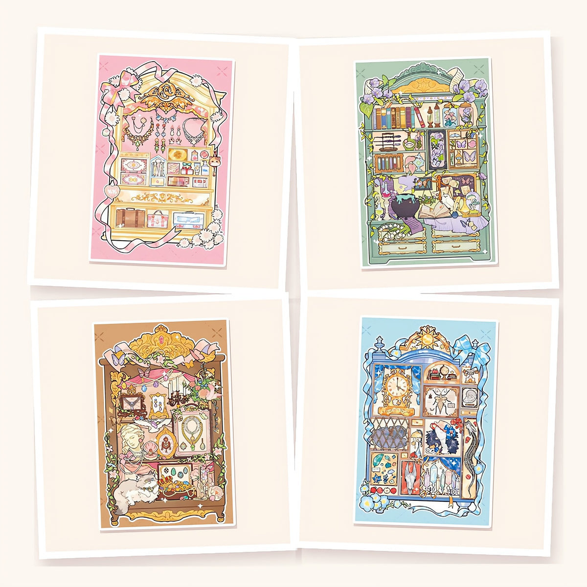 Scene Set: Curio Cabinets: the 4 finished scenes in this set