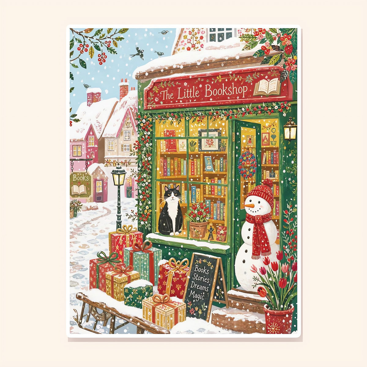 Snowy Little Bookshop finished scene, included in Classic Set: Blossom Journeys