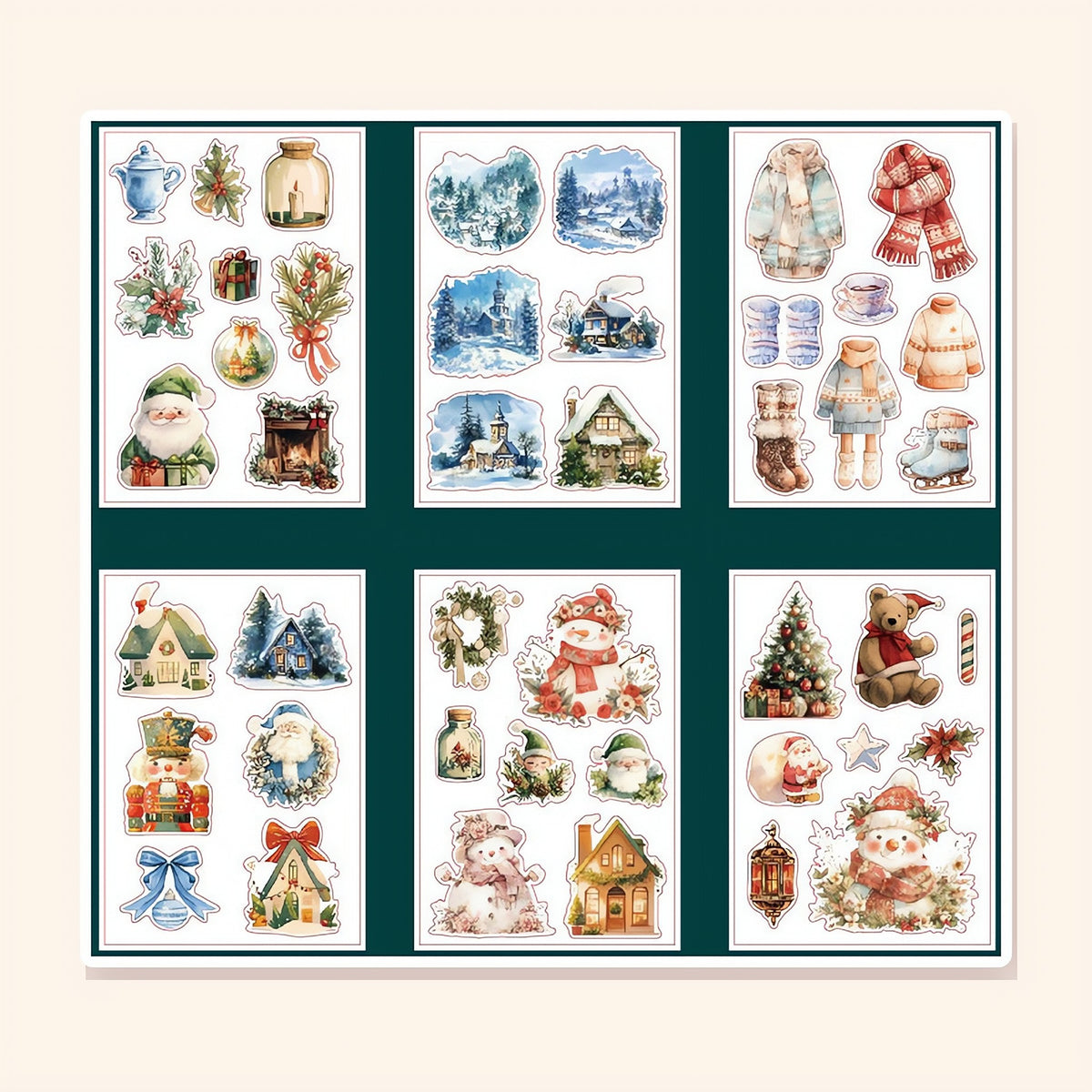 Vintage Christmas Sticker Book finished: a selection of vintage Christmas sticker pages with Santa, snowmen and snowy cottages