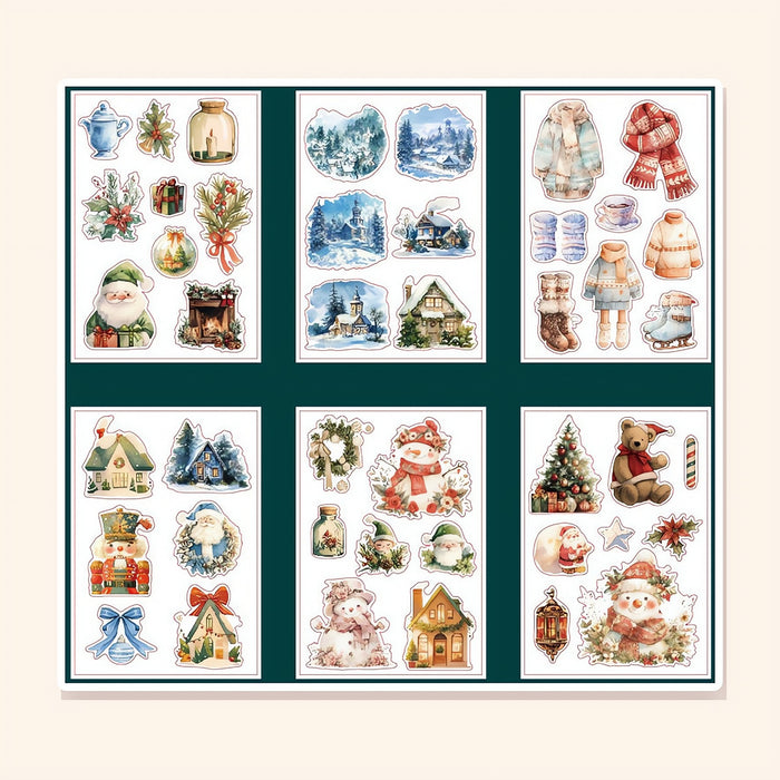 Vintage Christmas Sticker Book finished: a selection of vintage Christmas sticker pages with Santa, snowmen and snowy cottages