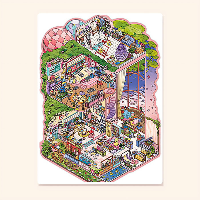 Whimsy Art Loft finished: a pink ivy-covered art loft with a spiral staircase, studio and sunset windows