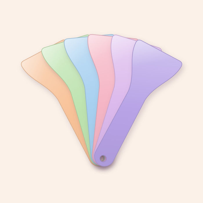 Pastel sticker scrapers in six colours, fanned out